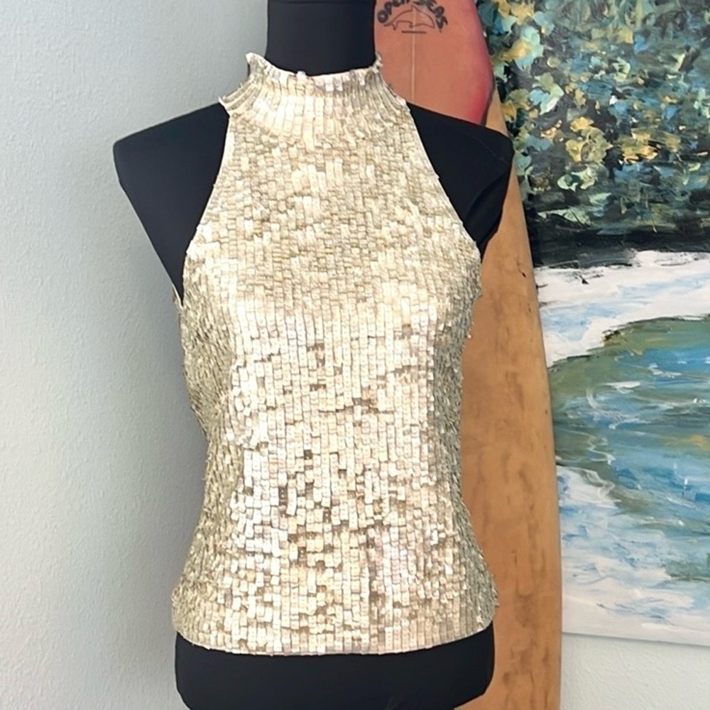 White House Black Market Champagne Sequin Paillette Halter Top Y2K Glam Size M - Picture 6 of 12